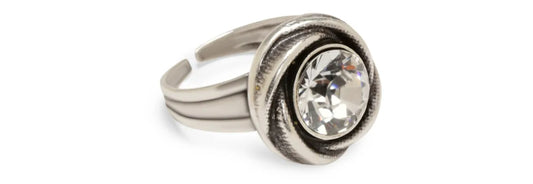 Silver Plated Ring Round Clear Crystal Adjustable