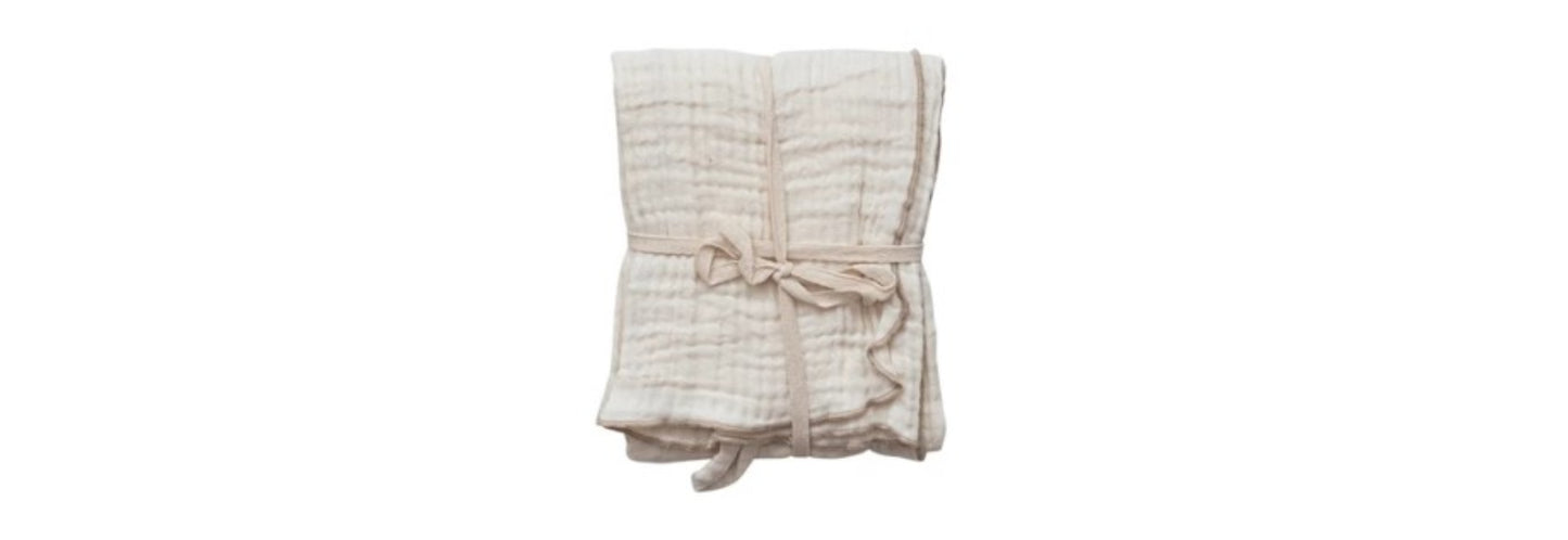 Woven Cotton Double Cloth Tea Towel w/ Contrasting Stitched Edge & Loop