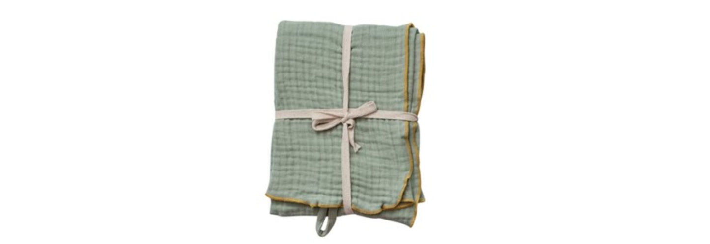 Woven Cotton Double Cloth Tea Towel w/ Contrasting Stitched Edge & Loop