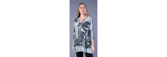 Shana One Pocket Crinkle Top V Neck Green Multi