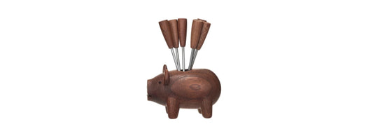 Sapele Wood Pig Shaped Holder w/ 6 Appetizer Forks