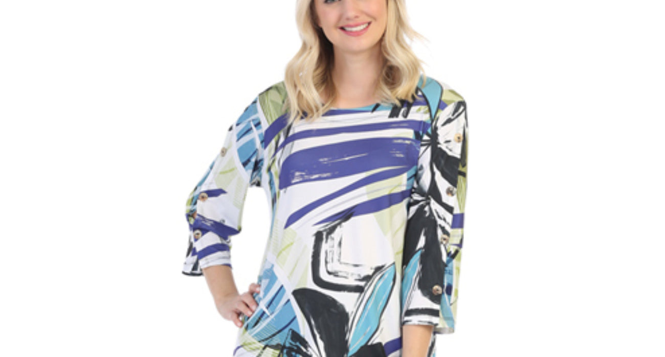 Three Quarter Sleeve Top Abstract Print Top in MultiColored/White by Jess and Jane
