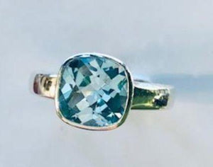Ring Blue Topaz Square Simple Band Sterling Silver Sz 7