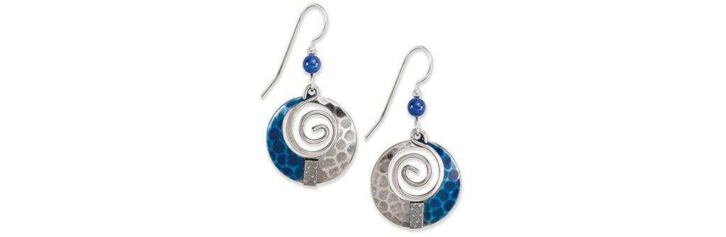 Earrings Blue Silver Spiral w/Bead - Silver Forest
