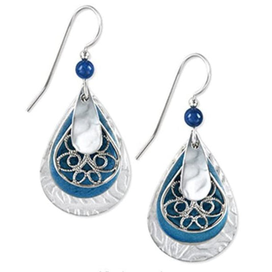 Earrings Blue Silver Teardrop Filigree