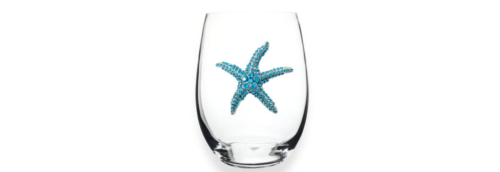 Jeweled Stemless Beverage Glass - Blue Starfish