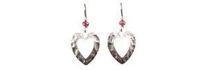 Earrings Open Hammered Heart w/Pink Bead - Silver Forest