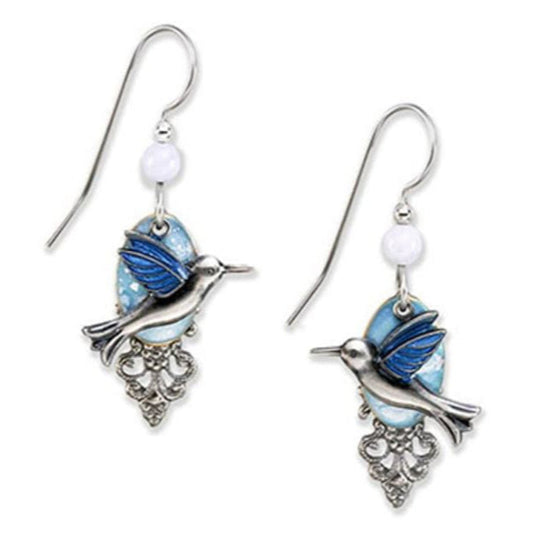 Earrings Silver Hummingbird w/Blue Wings