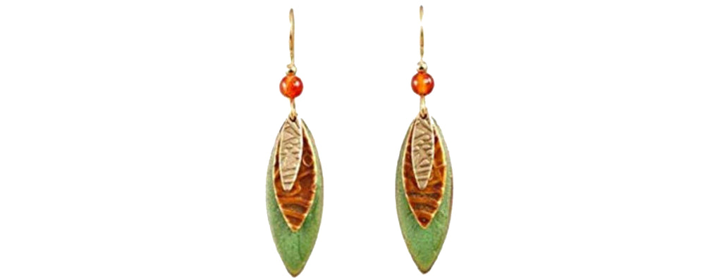 Earrings Layered Green & Gold Ovals w/Bead - Silver Forest