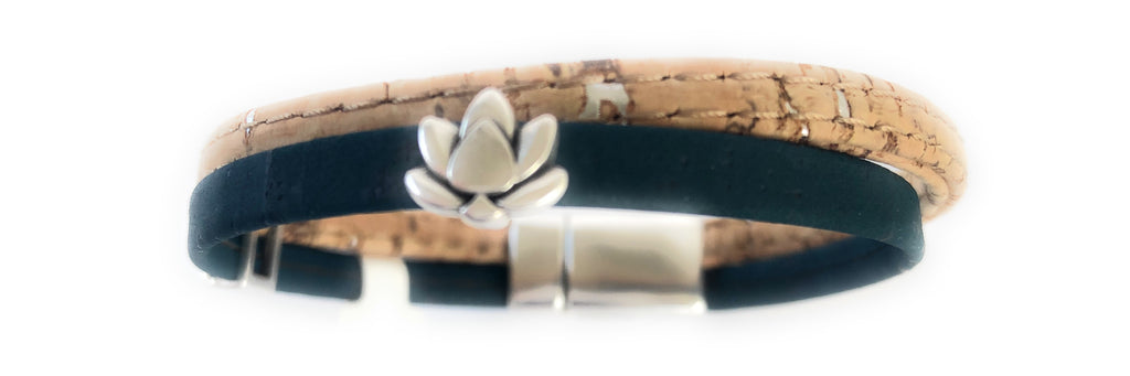 Cork Bracelet Small  Lotus Flower Charm - Size Small 7"