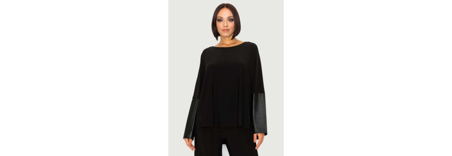 Long Sleeve Drop Shoulder with Faux Leather Sleeve in Black by Last Tango