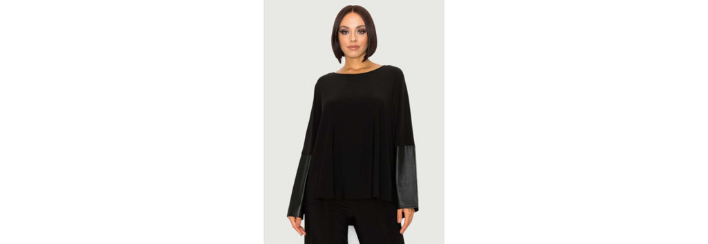 Long Sleeve Drop Shoulder with Faux Leather Sleeve in Black by Last Tango